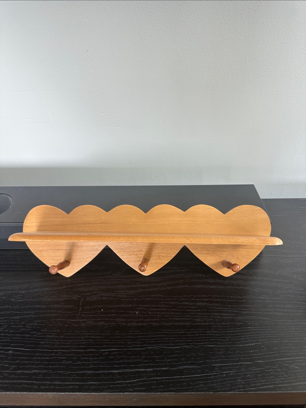 Vintage 1980s Wooden Heart Wall Shelf with Pegs - 15” Country Farmhouse